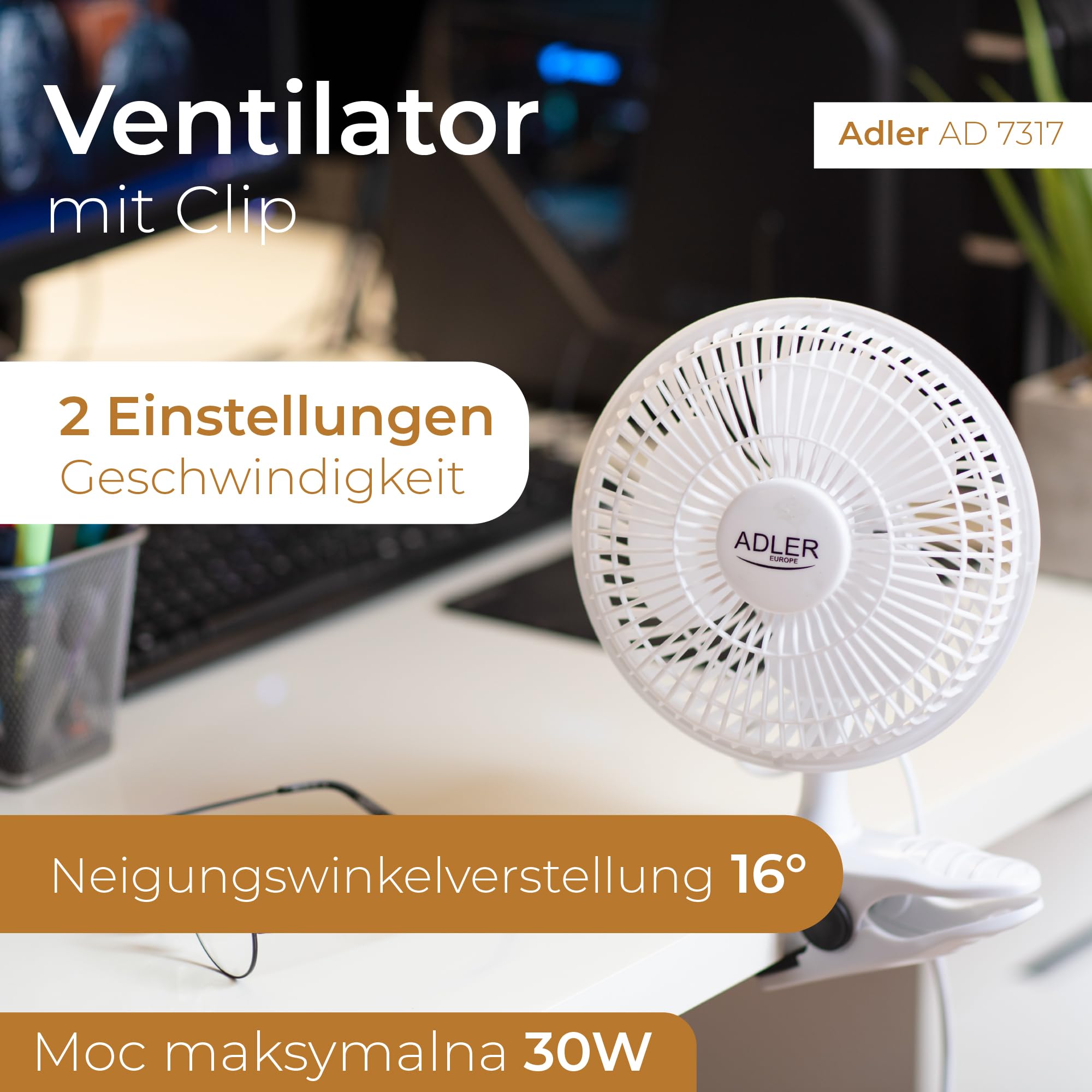 Adler AD 7317 Tischventilator mit Clip, Tragbarer, Klingen Durchmesser 15cm, 2 Geschwindigkeitsstufen, Mini Ventilator, Klein, Weiß, 30W, Einheitsgröße 6