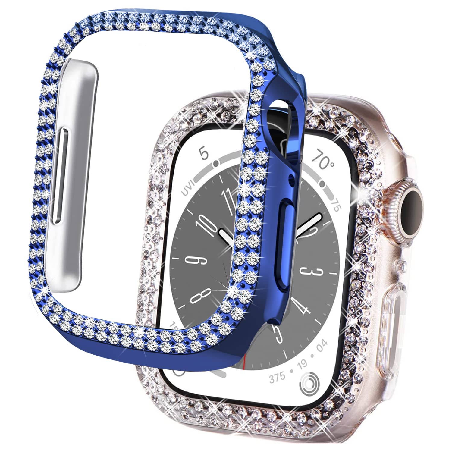 DEALELE [2-PACK] Case Compatible with Apple Watch Series Ultra 2 / Ultra (49mm), Bling Double-Rows Rhinestone Diamond Protective Case Cover Replacement Protector (49mm, Blue+Transparent)