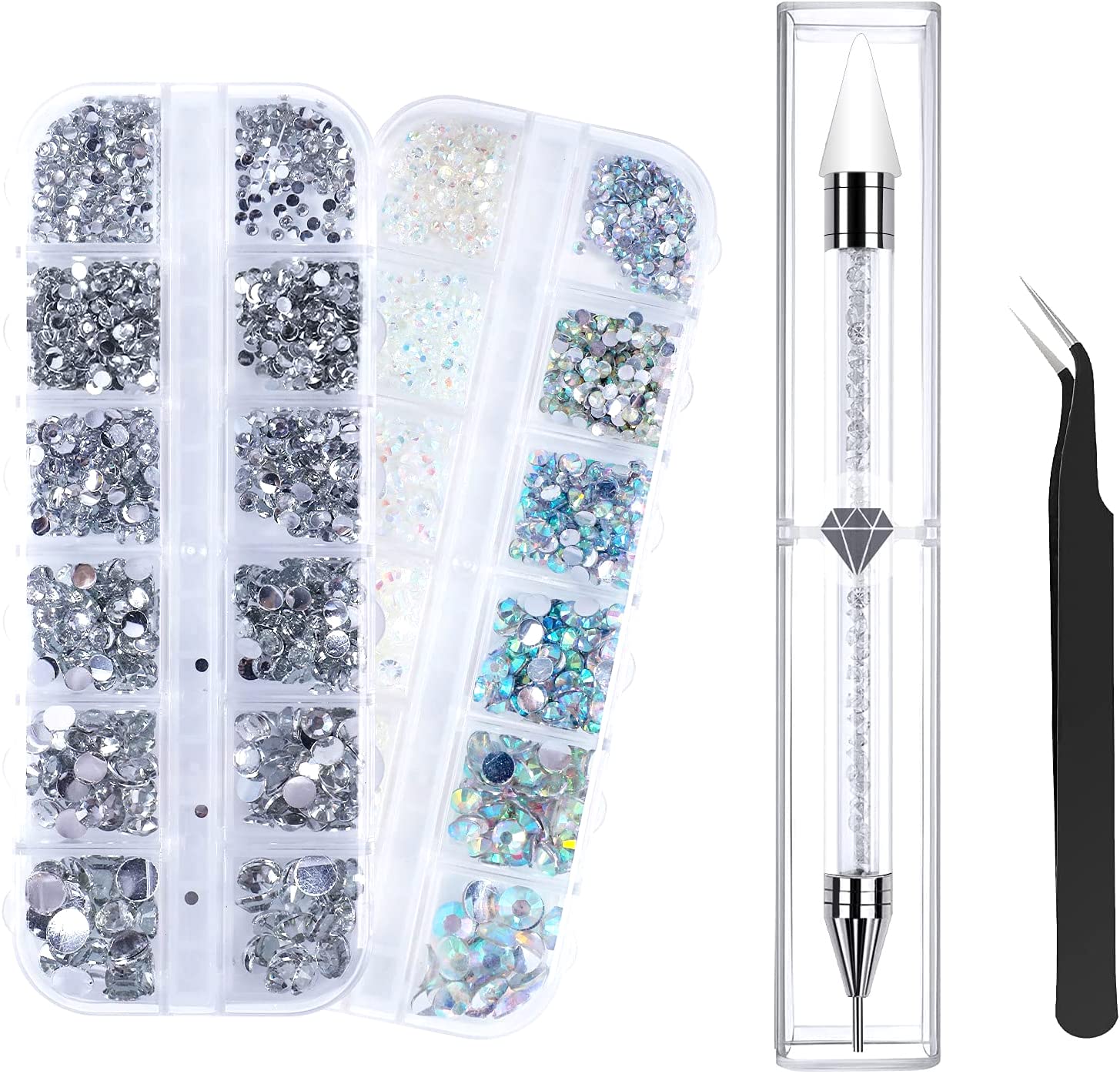 ANGNYA Nail Art Rhinestones Decorations Nail Stones for Nail Art Accessories and Clear Crystal Rhinestones with Pick Up Tweezer and Rhinestone Picker Dotting Pen