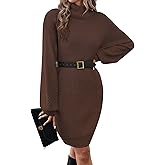 ZLIGXEA Women's Turtleneck Textured Lantern Sleeve Ribbed Knit Mini Dress Pullover Oversized Sweater Dresses S-XL