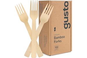 GUSTO [100 Count] Natural Bamboo Disposable Forks - Biodegradable and Eco-Friendly Utensils for Outdoors, Parties, and Events