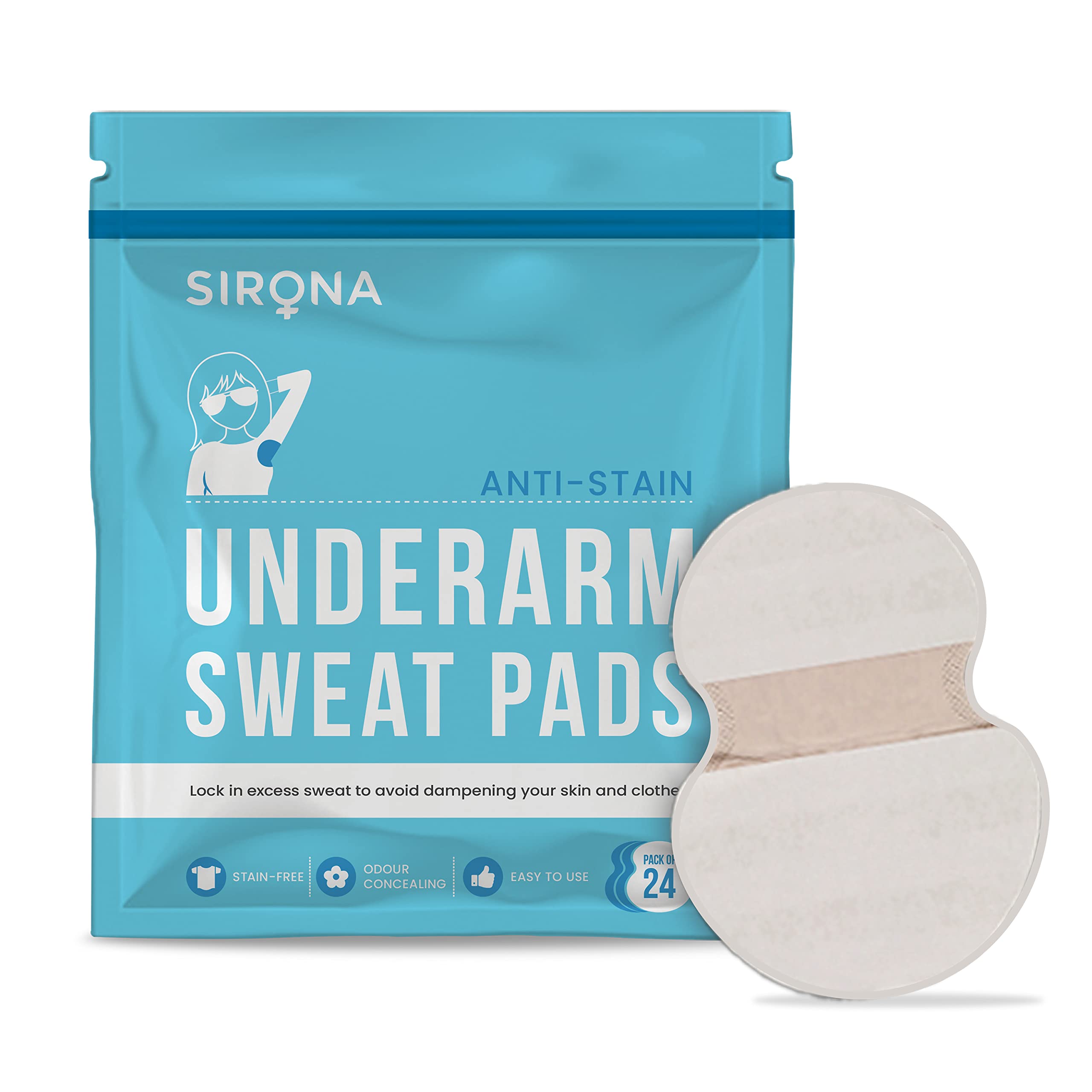 Sirona Disposable Underarm Sweat Pads | Ultra-Thin, Soft & Rash-Free Antiperspirant Shields | Absorbent Odour Blocker, Stain-Free Protection | Ideal for Hyperhidrosis | Pack of 24 Pads