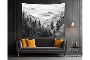 QGHOT Misty Forest Tapestry Nature, Black and White Mountain Tapestry Wall Hanging Calming Grey Landscape Wall Art for Mens Bedroom Living Room Scenery Wall Decor Gift 59.1"x51.2"