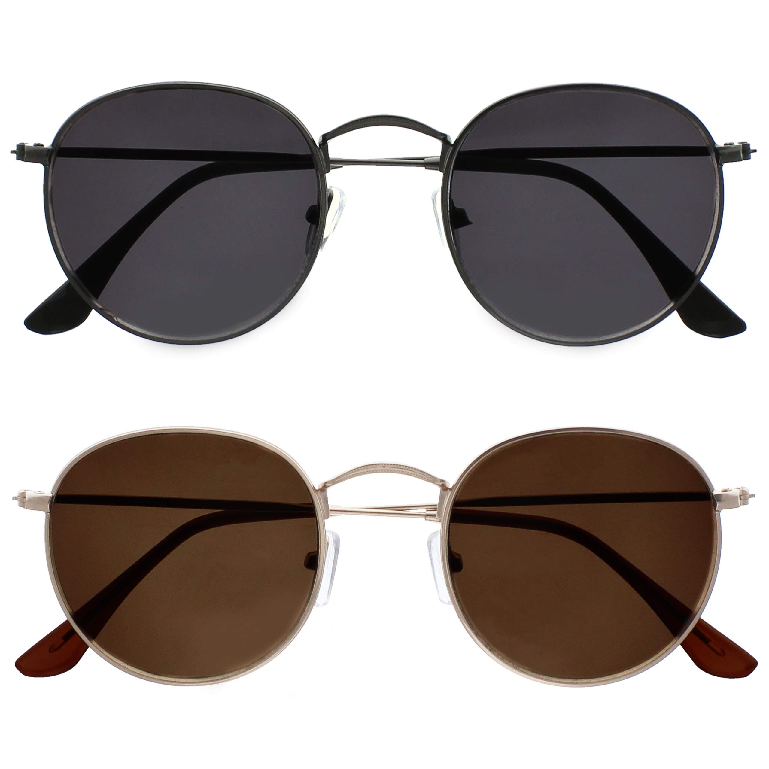 OPULIZE Sol Sunglasses 2 Pack Thin Rimmed Retro Round Metal Frames Scratch Resistant Tinted Lens UV400 Protection Matt Gunmetal Gold Mens Womens SS94-79 +0.00