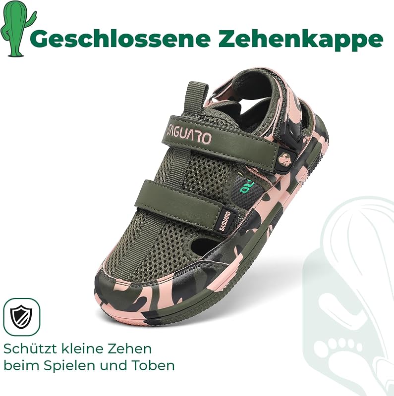 Sandalen Jungen Barfußsandalen Kinder Sommerschuhe Geschlossener Zehenkapper Wassersandalen Klettverschlusses Kindersandalen für Kindergarten Alltag Outdoor Armeegrün, 35