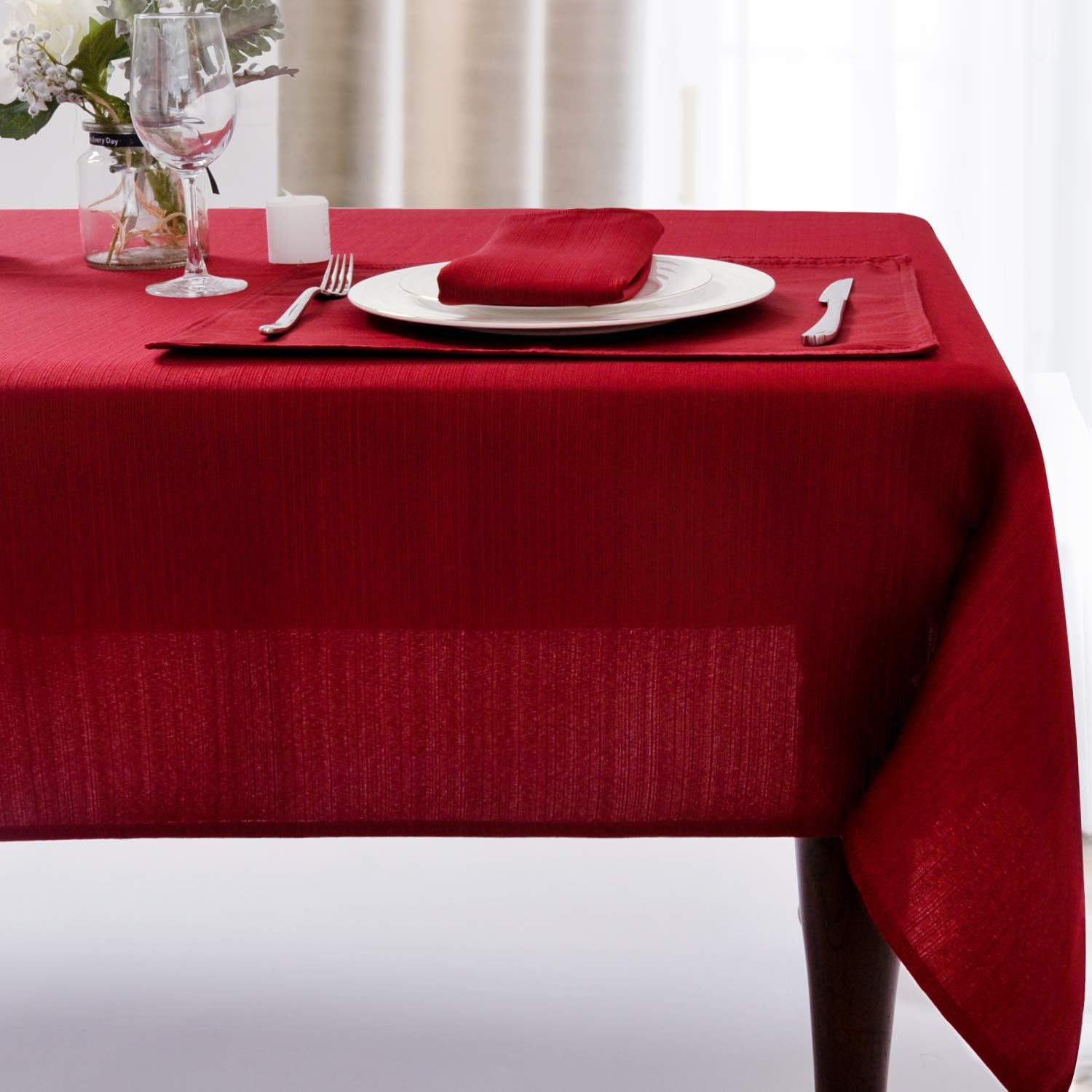 Christmas Luxury Stripe Fabric Tablecloths, Heavy Weight 100% Polyester Washable Table Cloth, No Iron, Water Resistance Soil Resistant Holiday Table Cloths for Dining,60 x 104 Inch Oblong,Burgundy