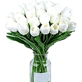 SITUMEIZI 15pcs White Flowers Artificial Tulips Fake PU Flowers 14" in Bulk Home Kitchen Easter Wedding Decor Spring Easter Bouquet Decorations Floral Arrangements Real Touch Flower
