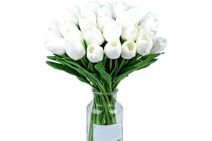 XIANNVXI White Artificial Tulips Flowers Fake Tulips White Flowers PU Artificial Tulip Flower Arrangement Bouquet for Mother'