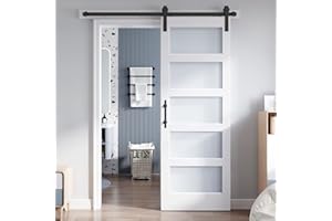 ROYMELO 32x84 Inch Glass Sliding Barn Door Slab and 5.5ft Hardware Kit Included, 5 Frosted Glass, LVL Wood Panel Covered with White Water-Proof Scratch-Proof PVC Surface, Simple DIY Assembly