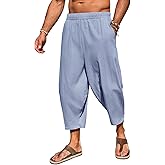 Runcati Mens Cotton Harem Capri Pants Yoga Beach Baggy 3/4 Shorts Pants Casual Elastic Waist Hippie Boho Pants