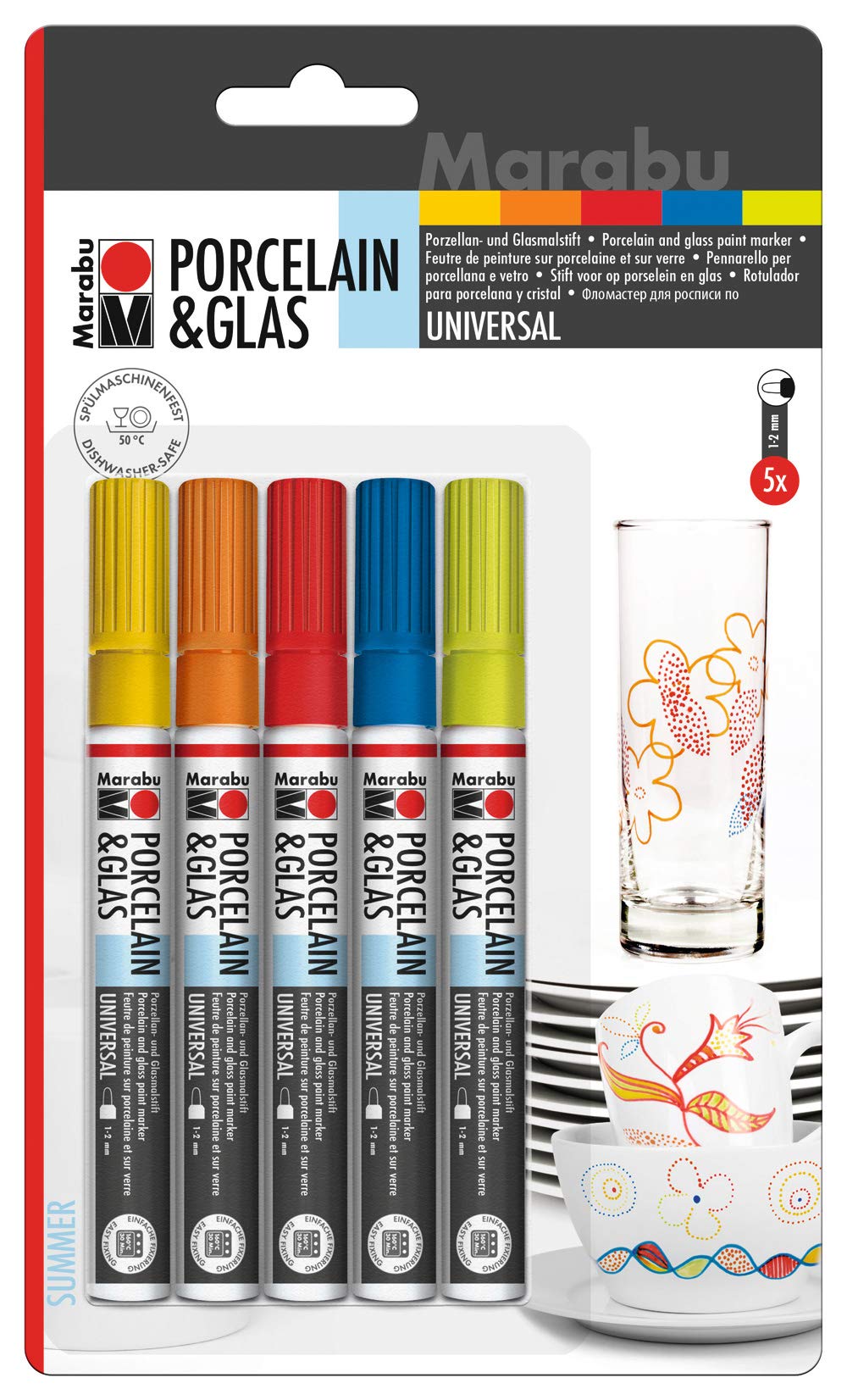 Marabu 012300082, Porcelain and Glass Painter Fantasy 5 Pack, Universal tip 1-2 mm, Assorted.