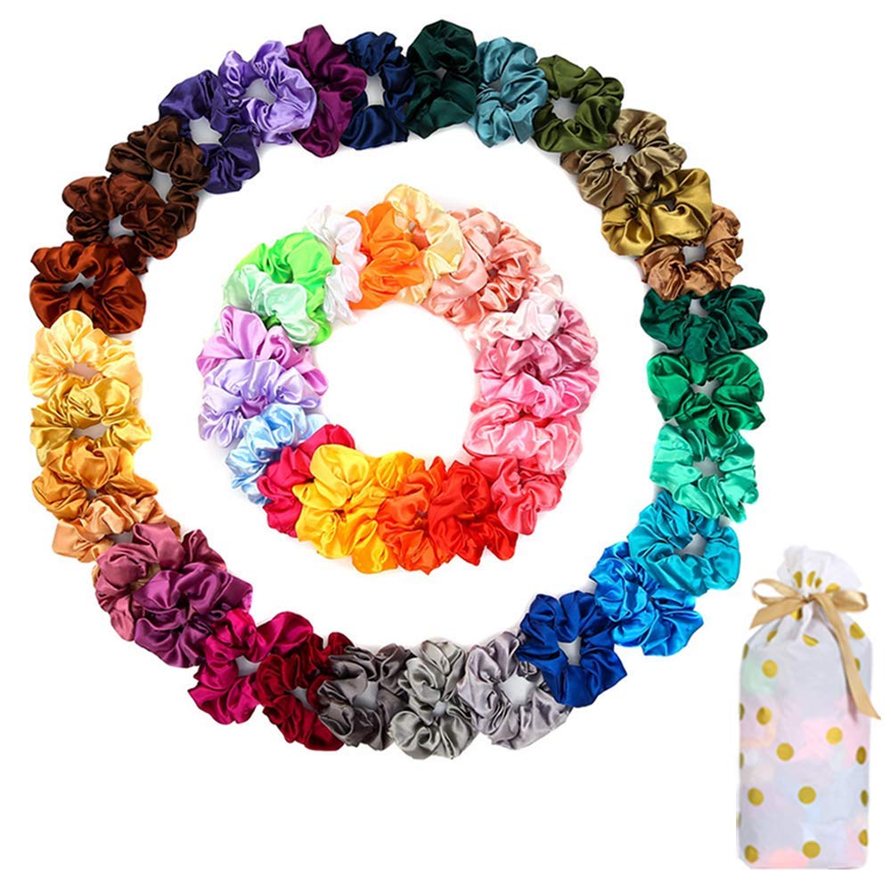 Photo 1 of 50 Satin Hair Scrunchies in Multiple Colors - Silk Accessories for Curly Hair, Teens and Girls - With Gift Bag