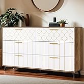 HSH White Dresser for Bedroom, Modern 6 Drawer Dresser for Bedroom, Large Low White and Gold Dressers for Hallway Entryway Li