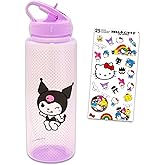 Kuromi Reusable Water Bottle Set - Sanrio Bundle 30oz Plastic Water Bottle with Spout for Home, School, Sports, Plus Sticker and More | Kuromi Container