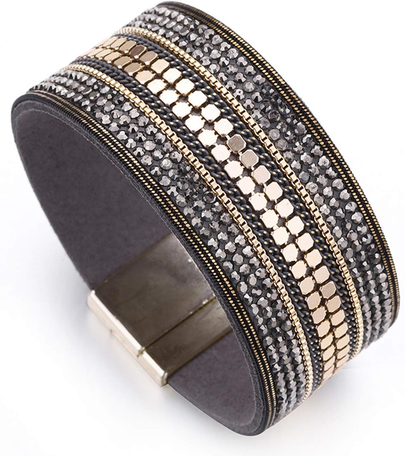 Wide Leather Bracelet Woman Trendy Metal Sheet Crystal Paved