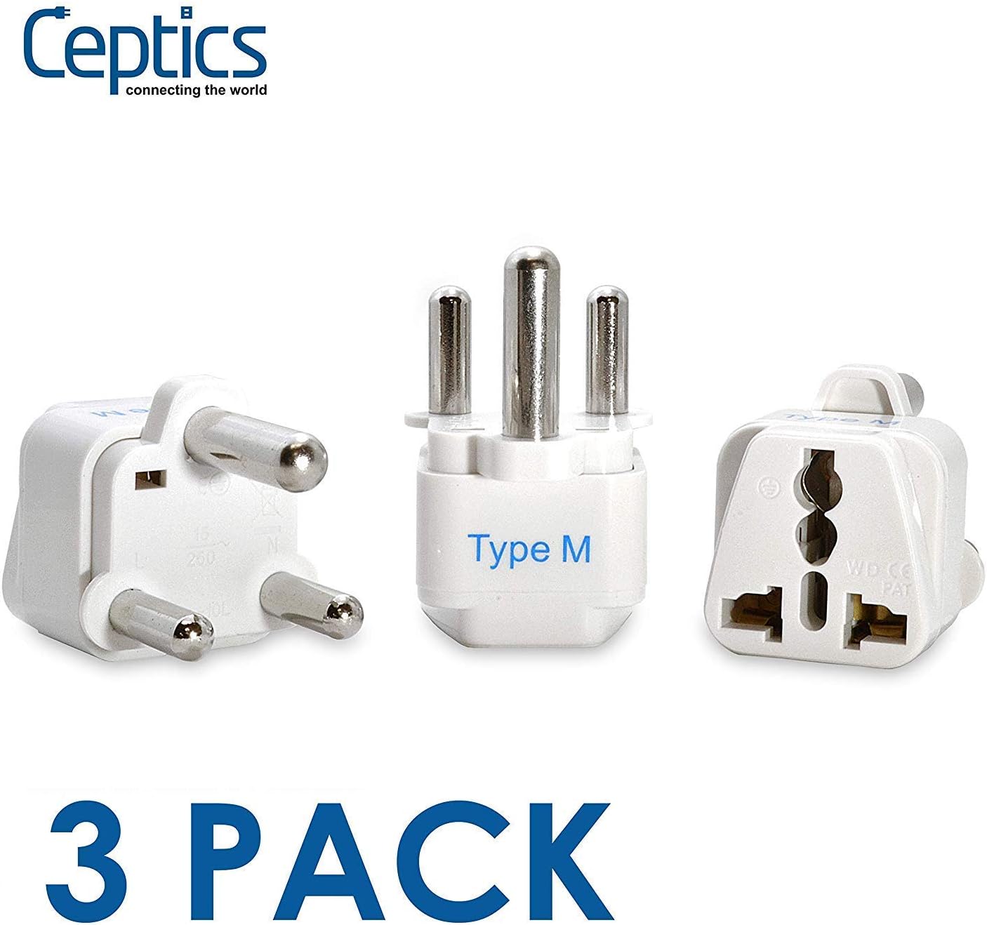 Ceptics South Africa Travel Plug Adapter (Type M) 3 Pack [Grounded