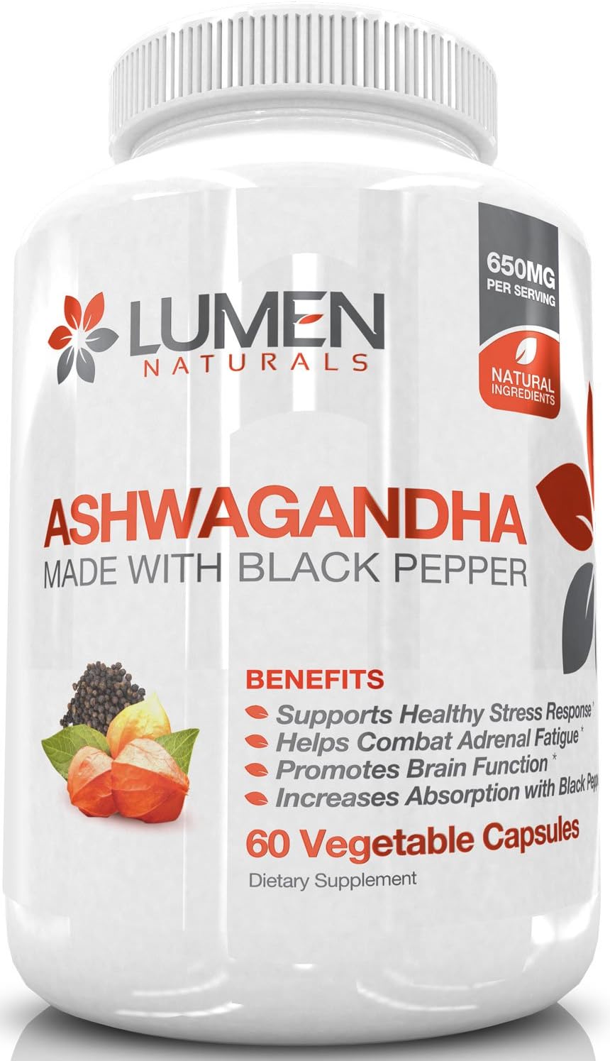 Ashwagandha Capsules with Black Pepper - Powerful Stress & Anti Anxiety Supplement for Improved Adrenal & Thyroid Support - Naturally Support Mood & Energy to Reduce Stress & Enhance Sleep - 60 Count