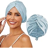 HFRHTGY Adjustable Silk Satin Hair Bonnet for Sleeping, Double Layer Hair Wrap Sleep Cap Turban for Women Men, Curly Straight Long Large Braid Unisex (Aqua Blue 81)