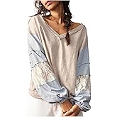 RoseSeek Women's Oversized Tshirts Lace Patchwork Color Block T Shirt Bishop Sleeve V Neck Tee Top