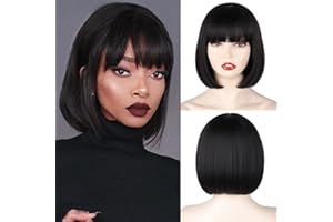 WERD Black Short Bob Wig,Straight Black Bob Wig with bangs, 10 inch Straight Bob Bangs Wig for Women Natural Looking for Daily Use