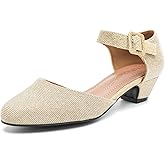 LIURUIJIA Women's Low Block Chunky Heels Closed Toe Ankle Strap Work Wedding Dress Pumps Shoes Gold Sequins 45 US 11