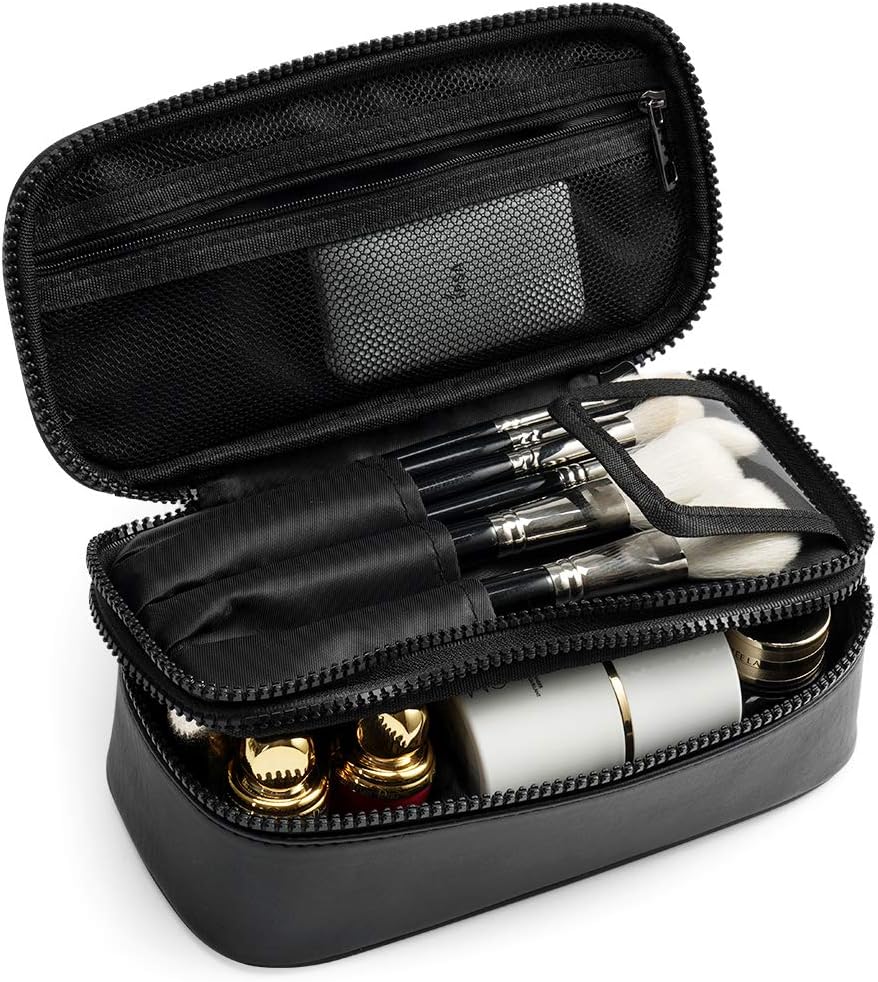 Small Travel Makeup Bag Cosmetic Case Organizer Handy Double Layer Waterproof with Brush Holder Compartment Zippers for Women Man Toiletry Makeup Brushes Storage Christmas Gift Black