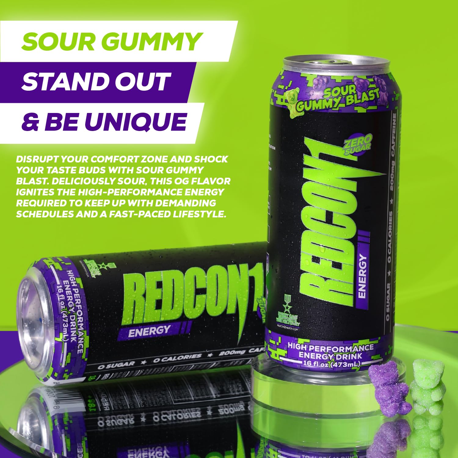 REDCON1 Energy High Performance Drink, Sour Gummy Blast - Zero Sugar Energy Drink with Alpha GPC Nootropic - 200mg Natural Caffeine from Green Coffee Beans - Vitamin B6, B12 & B5 to Boost Mood (12 ct)