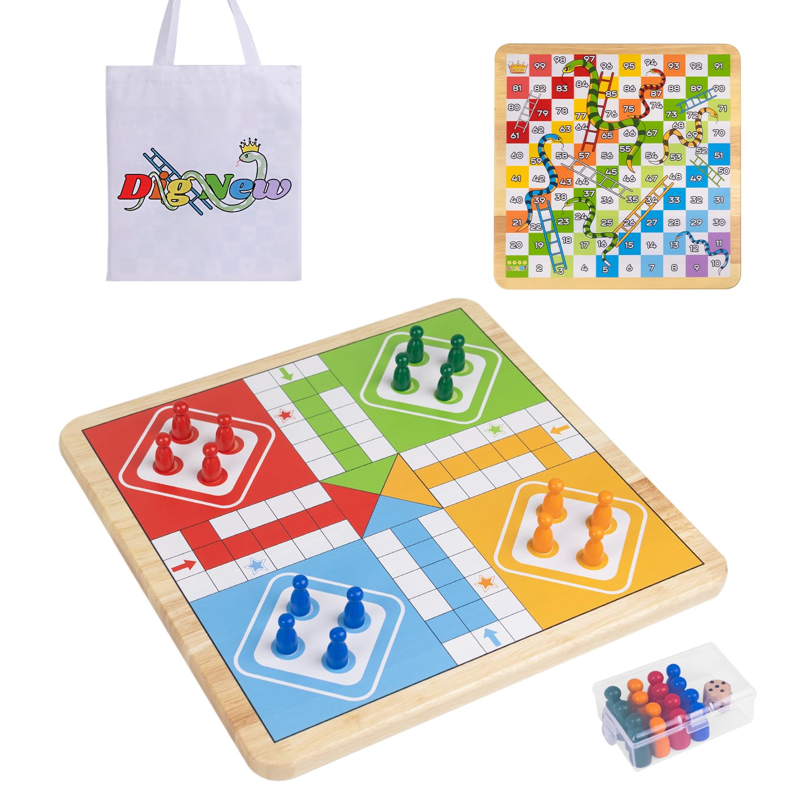 Photo 1 of 12 Inch Wooden 2-in-1 Ludo & Snakes Board Game, Reversible Travel Set with Storage Bag & Organizer Box (All-in-One Storage)