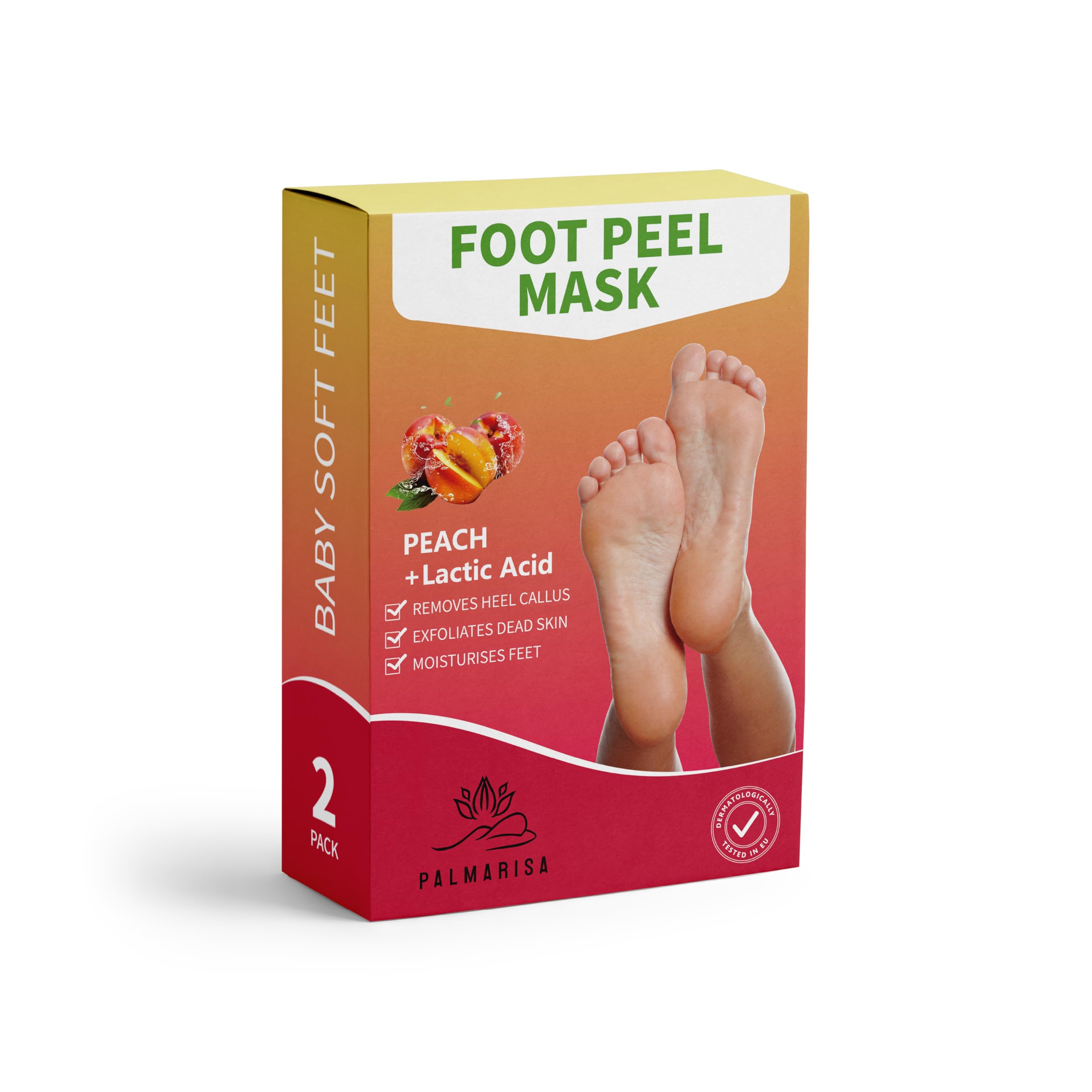 Foot Peel Mask Peach 2 Pack Softens Hard Skin, Repairs Cracked Heels, Exfoliates, Moisturises, Removes Heel Calluses, Improves Skin Texture, Revitalises Tired Feet, Clinically Tested, Palmarisa