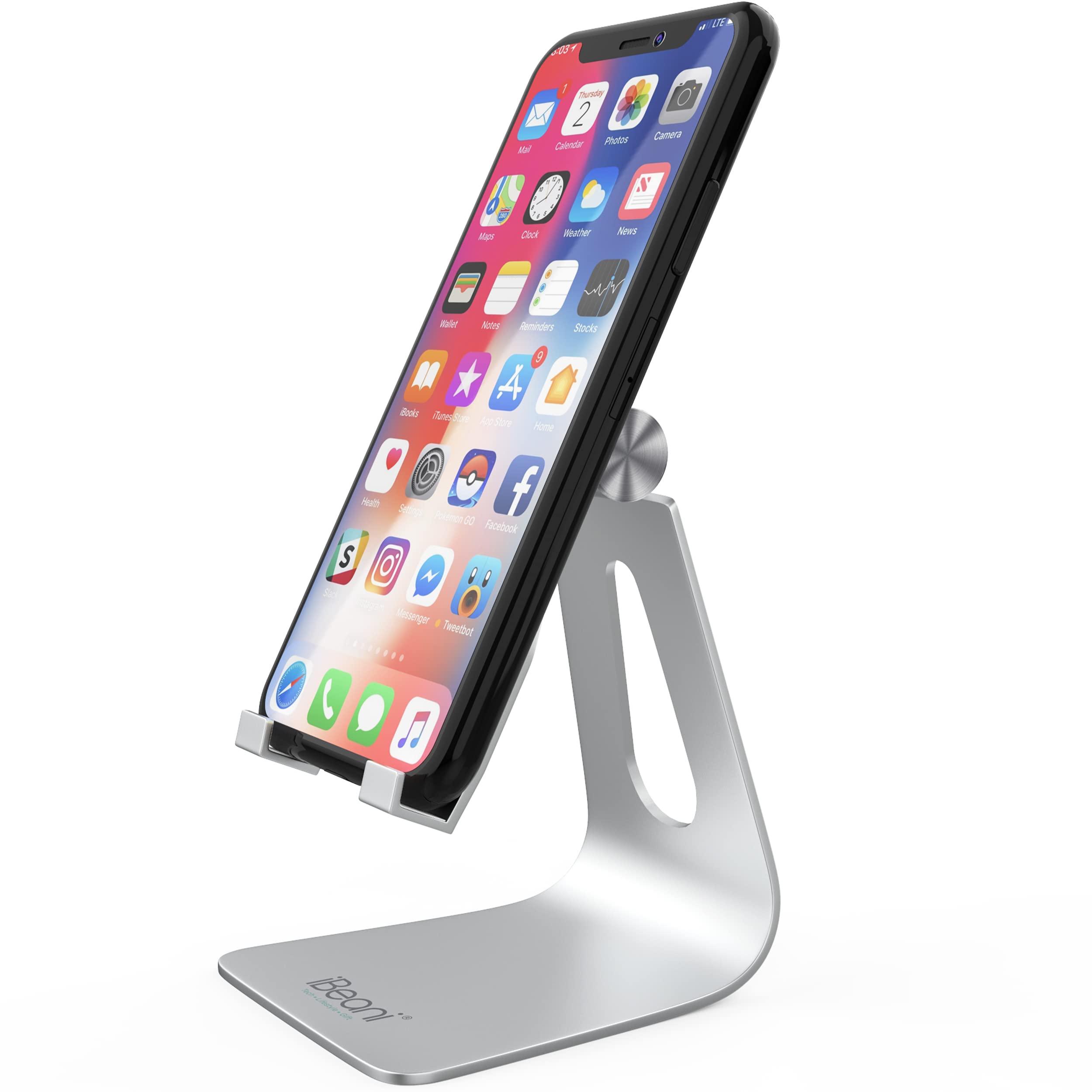 iBeani Mobile Phone Stand, Universal Adjustable Mobile Phone Holder Mount - Desktop Stand & Dock Compatible with all iPhones, Samsungs, other mobile phones - Silver