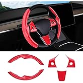 Canvcle Steering Wheel Cover for Telsa Model 3/Model Y Accessories Carbon Fiber Steering Wheel Cover Protector Anti-Slip, Comfortable Grip, Breathable, Model 3/Y Accessories, Red 5PCS