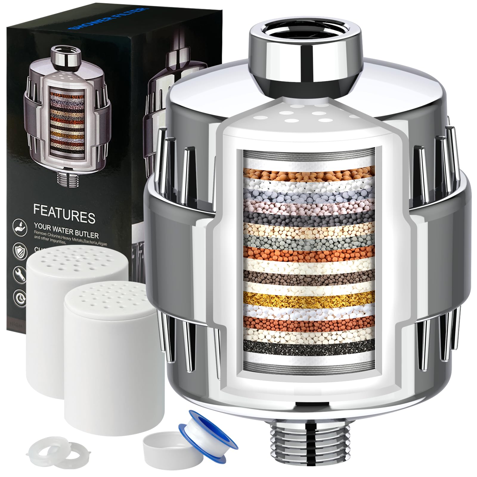 Koolstuffs Shower Filter, 20 Stage with 2 Cartridges, High Output, Removes Chlorine, Fluoride and Other Impurities, 3 Pieces