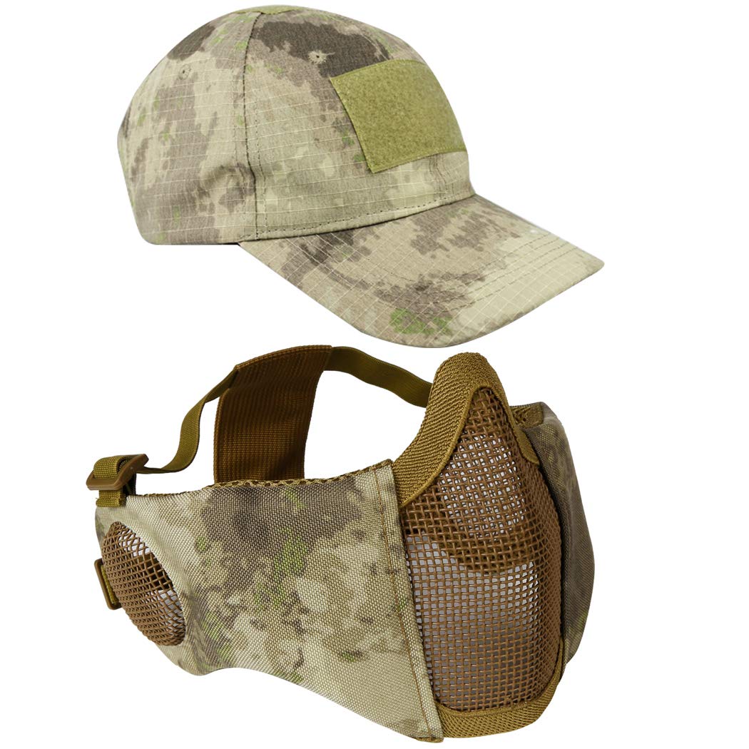 AOUTACC Airsoft Mesh Mask with Ear Protection and Adjustable Baseball Cap Set for CS/Hunting/Paintball/Shooting (AT)