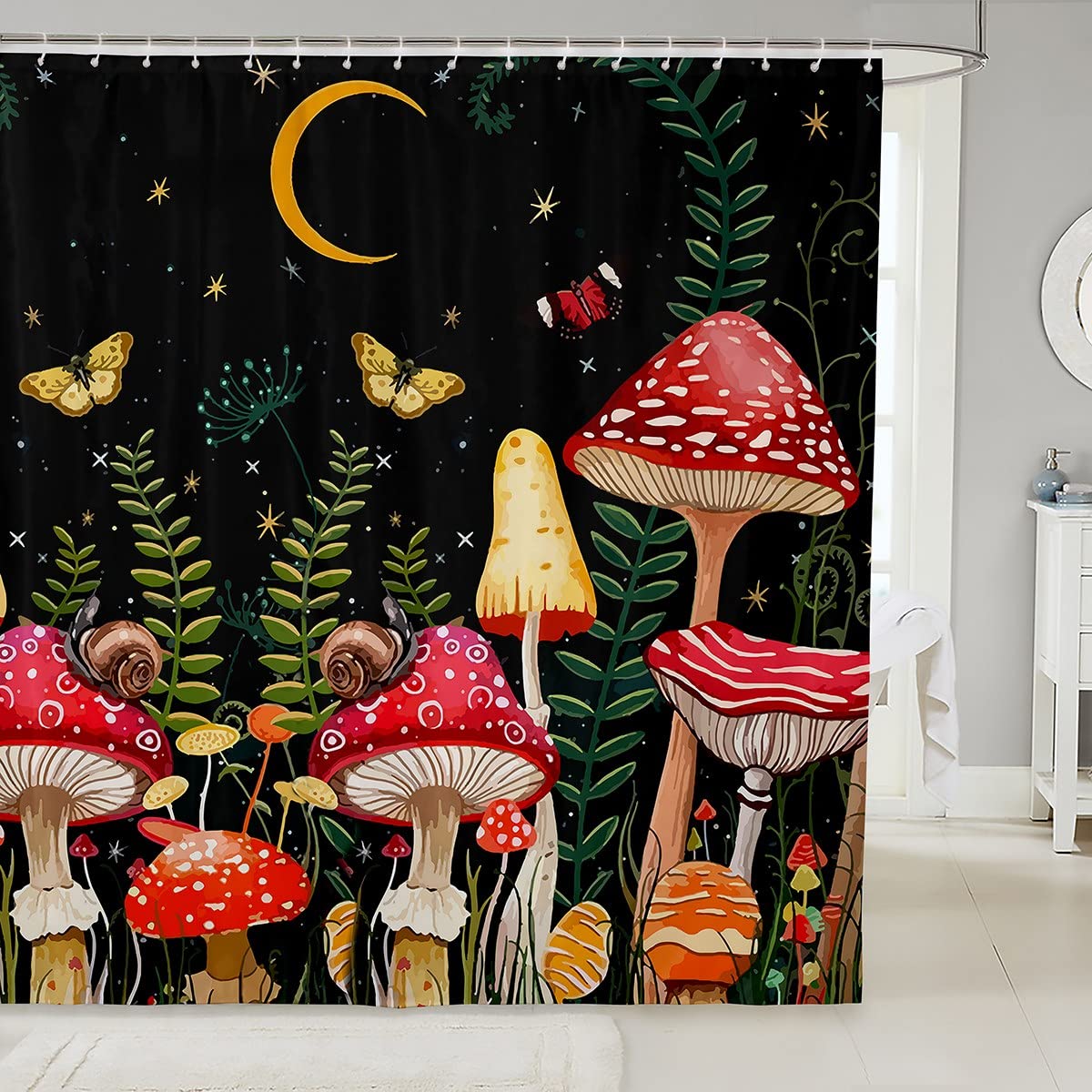 Kids Mushroom Waterproof Shower Curtain Natural Wild Fungus Bath Shower Curtain for Kids Boys Girls Plants Shower Curtain Butterfly Shower Curtain with Hooks 72x94 Inch — image 1