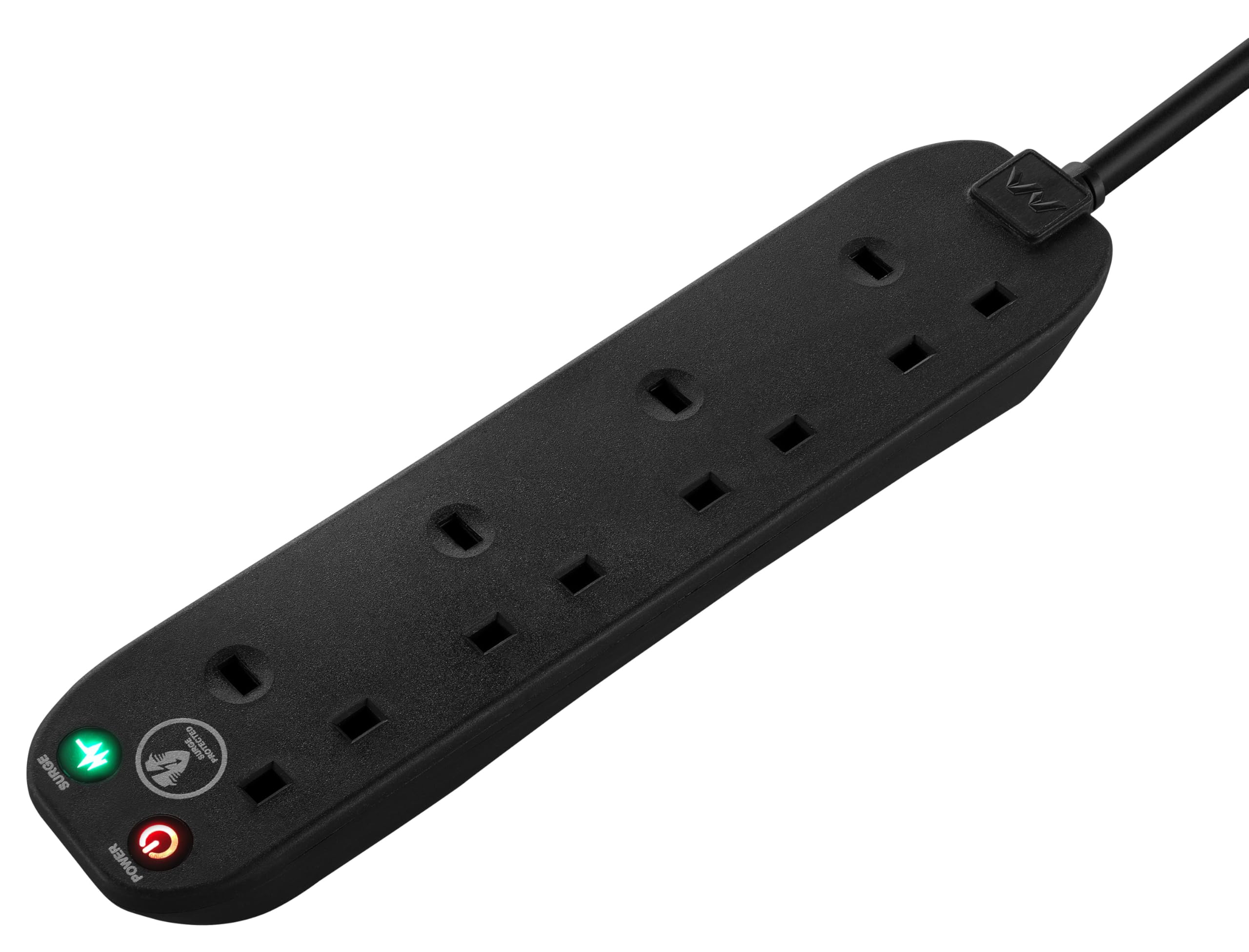 Masterplug Four Socket Extension Lead, 2 Metre Cable, Surge Protection, Power and Surge LED Indicators, Unswitched, 4-Way Plug Extension Cable, Power Strip, Black, 13A, 4G, 2m, SRG4210NB