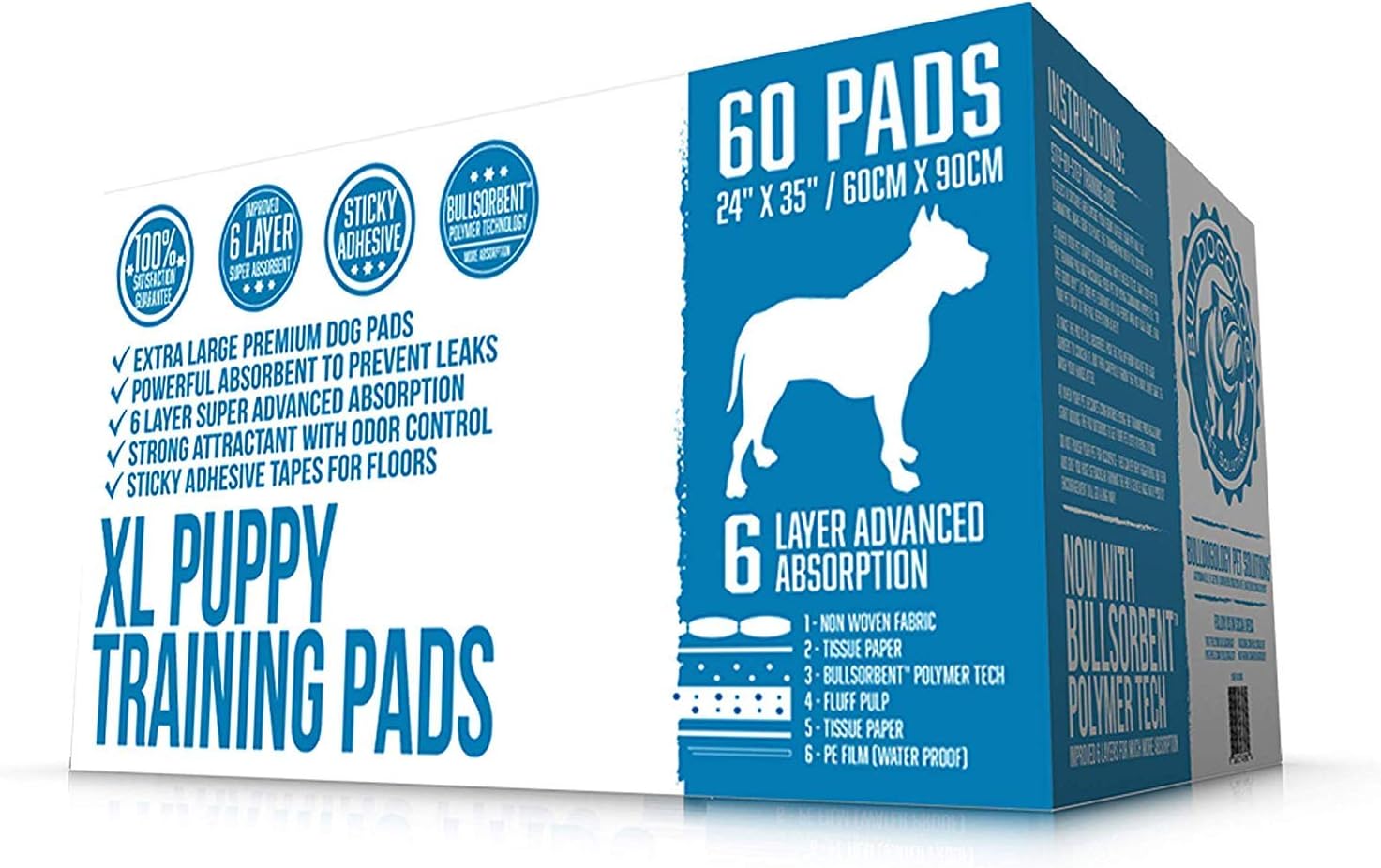 Bulldogology Puppy Pee Pads XL with Adhesive Sticky Tape - Extra Large Dog Training Wee Pads (24x35) 6 Layers with Extra Quick Dry Bullsorbent Polymer Tech (40-Count, White) : Pet Supplies