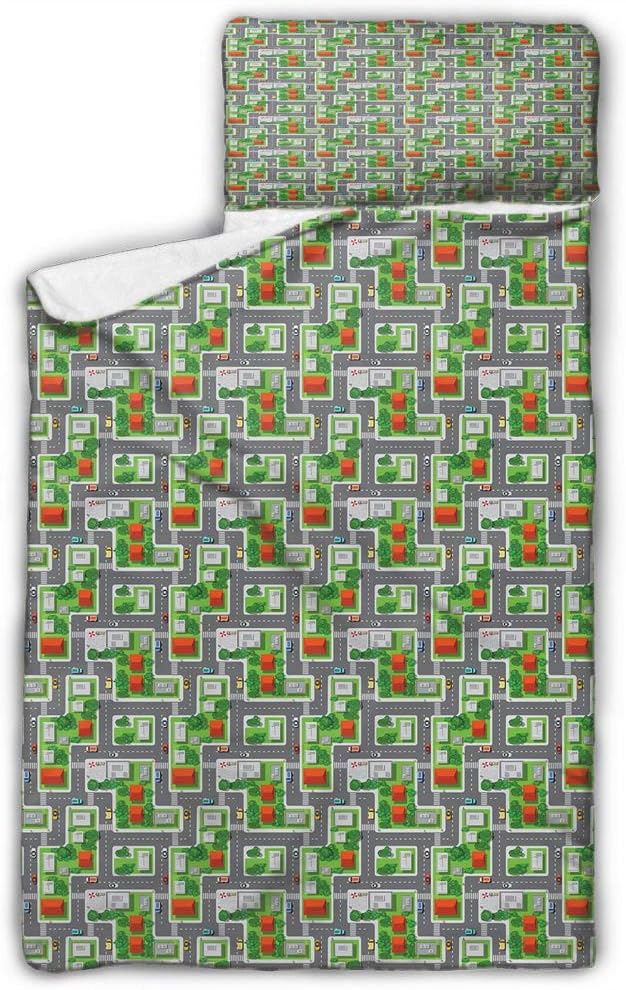 Kids Car Race Track Roadway Activity Children’s Sleeping Bag Suburb View with Houses Gardens and Trees Cartoon Multicolor for Preschool, Daycare, Kindergarten 50X20 INCH