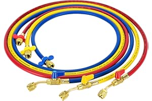 DRAKO-MYXX Upgrade 1/4" A2L Refrigerant Hose,72" HVAC Hoses, Compact Ball Valve Refrigerant Hose Kit with Color Label for R-1234YF R-134A R-410A Standard 1/4" x 1/4" Flare Fittings, Yellow/Red/Blue (Pack of 3)