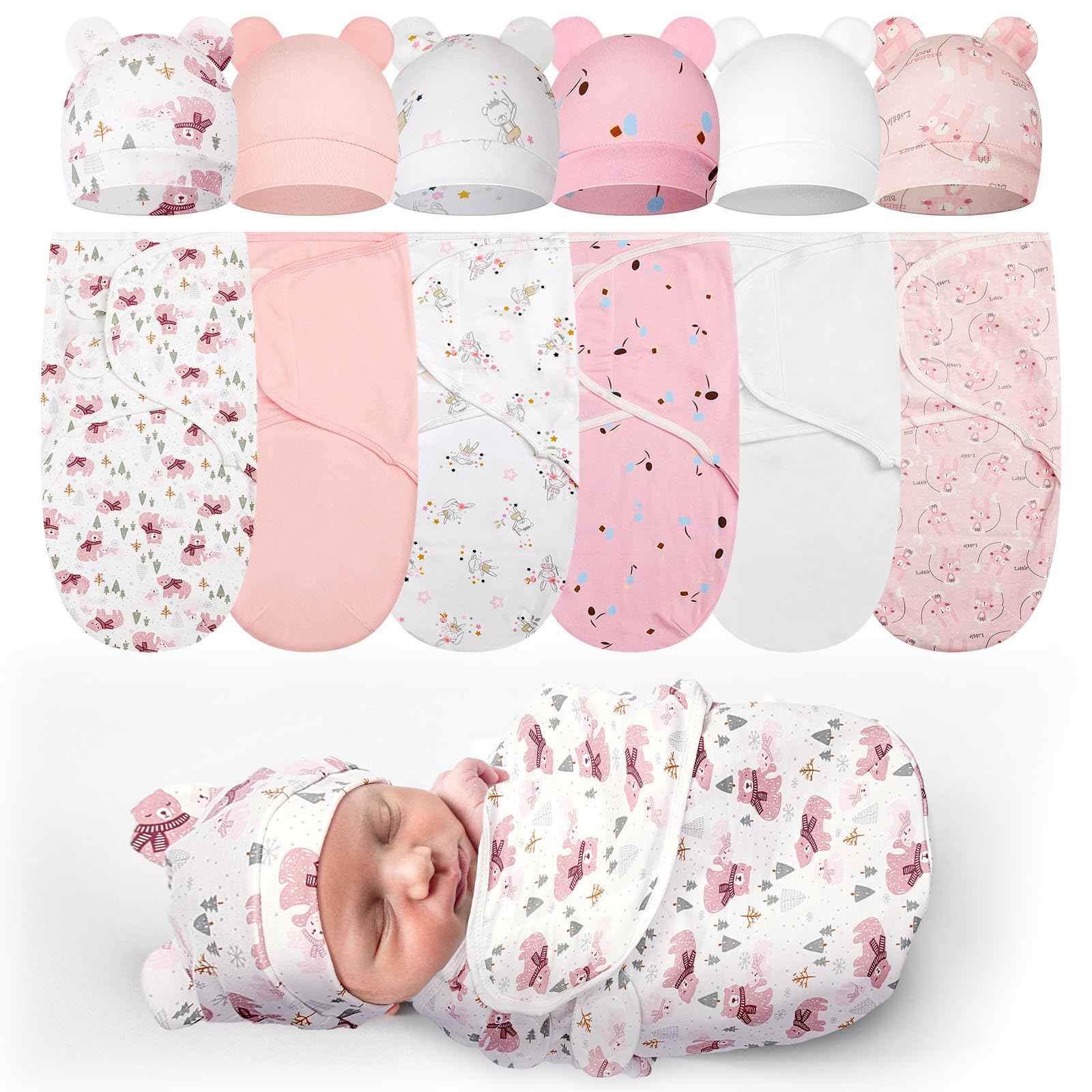 Photo 1 of Ramede 6 Pack Preemie Swaddle Blanket with Hats Sleep Swaddle for Baby Boy Girl Preemie Newborn Sacks Soft Cotton Wearable(Bear,Pink)