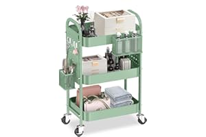 ALVOROG 3 Tier Rolling Cart with DIY Pegboards Metal Utility Cart with Wheels Handles Baskets Hooks, Storage Cart for Office Kitchen Bathroom(Green)