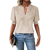 Falechay Womens Summer Tops Boho Short Sleeve Shirts V Neck Casual Chiffon Blouses Flowy Lace Hem Spring Clothing Trendy 2025