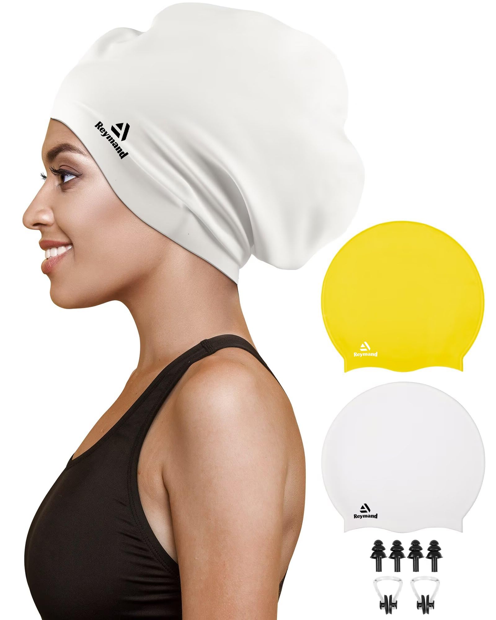 Reymand 2 Pack Extra Large Swimming Cap for Braids and Dreadlocks, Silicone Swimming Hat for Long Hair, Weaves, Curls & Afros, Waterproof Adult Swim Cap Bathing Caps for Women Men(Yellow+White)