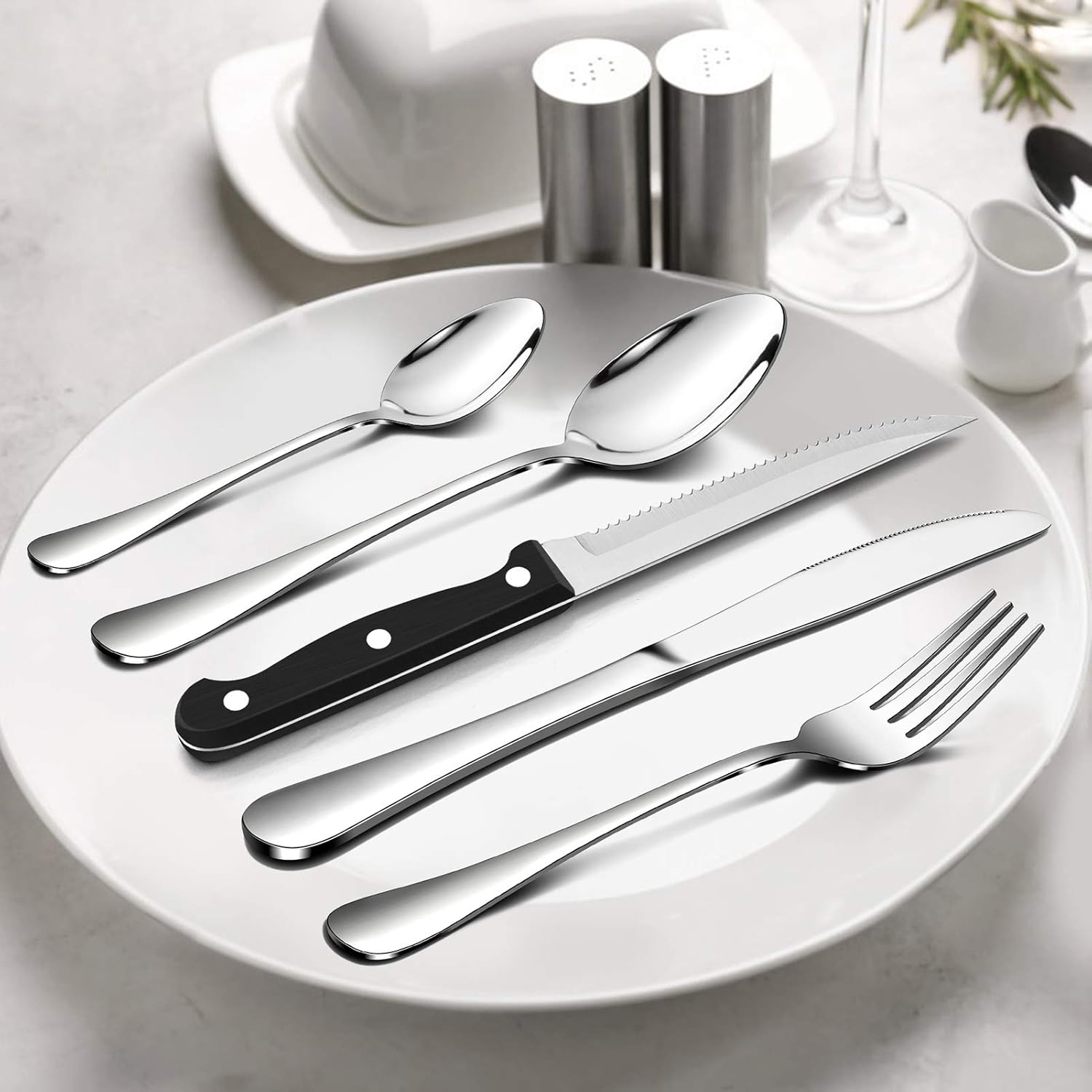 24 Piece Cutlery Sets with 6 Piece Steak Knives, Homikit Stainless Steel 30-Piece Silver Cutlery Flatware Set - Image 4