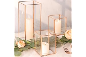 LAMORGIFT 3 Pack Hurricane Glass Candle Holders | Champagne Gold- 10.6"| 4.9"| 4.9” Gold Candle Holders Centerpieces for Tables, Fall Table Decor, Decorative Gold Lanterns for Indoor Outdoor, Wedding, Christmas
