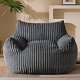 Giant Plush Bean Bag Chair for Adults with Armrests - Oversized Comfy Grey Beanbag Lounge Lazy Floor Sofa Accent Chair for Living Room, Bedroom & Dorm, Cozy Fluffy Single Cloud Mini Couch