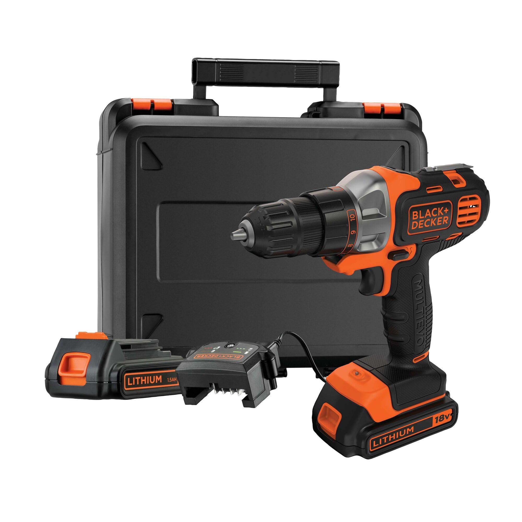 Black+Decker Akku-Multifunktionsgerät MT218KB – 18V Akkubohrer mit 2 Akkus – Geeignet zum Bohren, Sägen und Schleifen dank verschiedener Aufsätze – Inklusive Koffer – Werkzeug mit Koffer