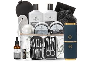 RA ROSA ACCA 23pcs Bath and Body Gift Basket for Men and Women, Charcoal Luxury Home Spa Kit, Beard Care, Cosmetics Leather Bag, Face Oil, Birthday Gift, Self Care, perfect for Christmas, Holiday, Father's Day