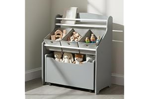 Humble Crew 3-in-1 Kids Bookshelf and Toy Storage Organizer, Grey - Toddler Organizers with Rolling Toy Box and 3 Fabric Bins – Sturdy Baby Book Shelf, Perfect for Nursery and Playroom