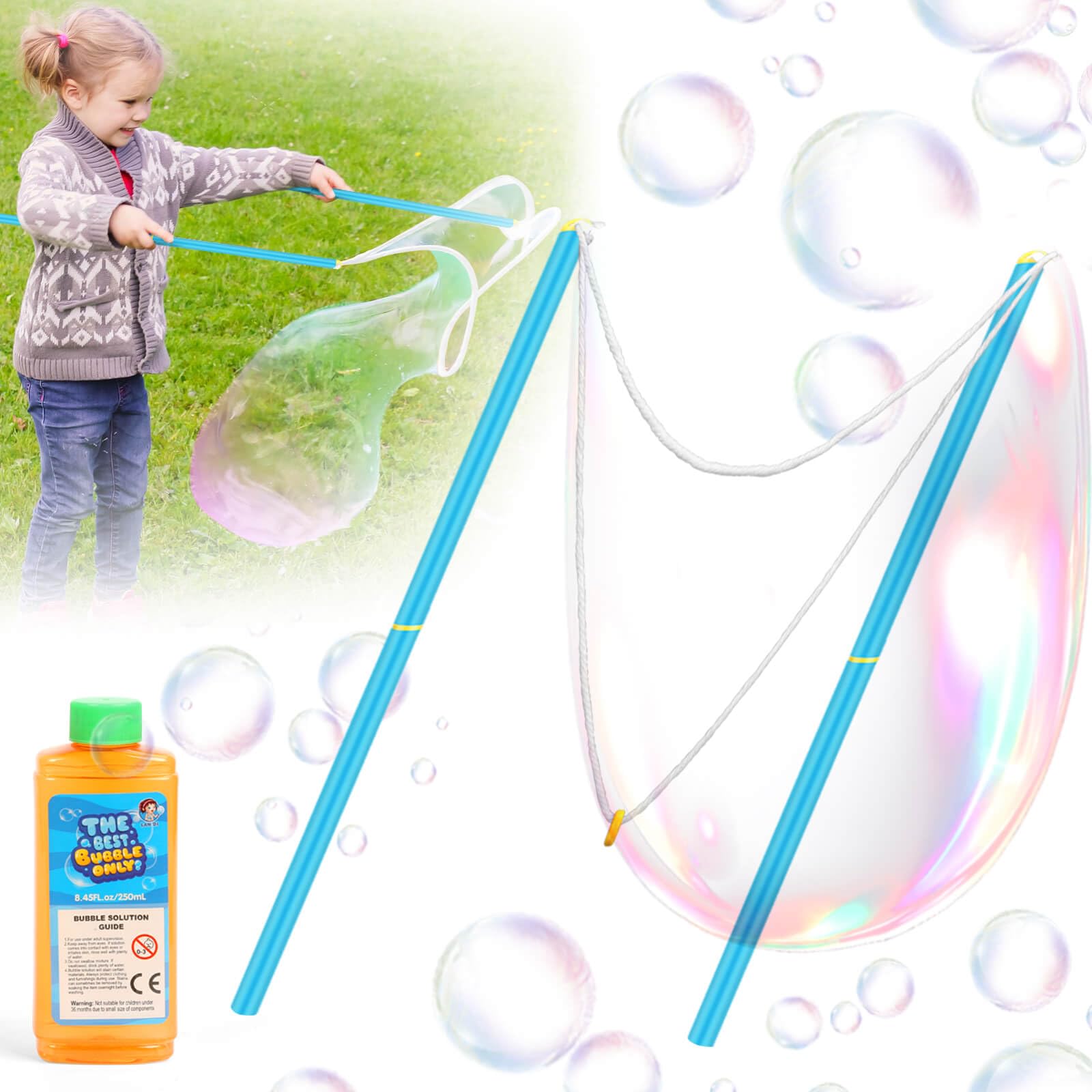 Aooess Toys for 3-8 Year Old Boys Girls: Giant Bubble Wand Kit Gifts for Age 3 4 5 6 7 8 Years Old Kids Bubble Maker Birthday Presents for Toddler Ages 3-8 Large Bubble Blower Toys for Outdoor Party