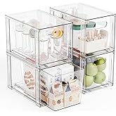 Yieach 4 Pack Large Stackable Storage Drawers,11″Deep Under Cabinet Organizer,Baby Bottle Organizer,Clear Stacking Pull Out Drawer,Acrylic Storage Containers Bins for Organizing Snack,Medicine,Makeup